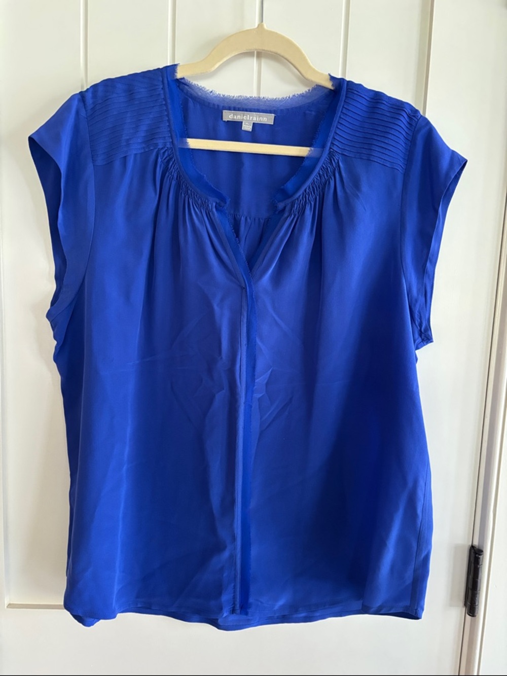 Daniel Rainn Cobalt Blue Cap-Sleeve Pleated Yoke Blouse